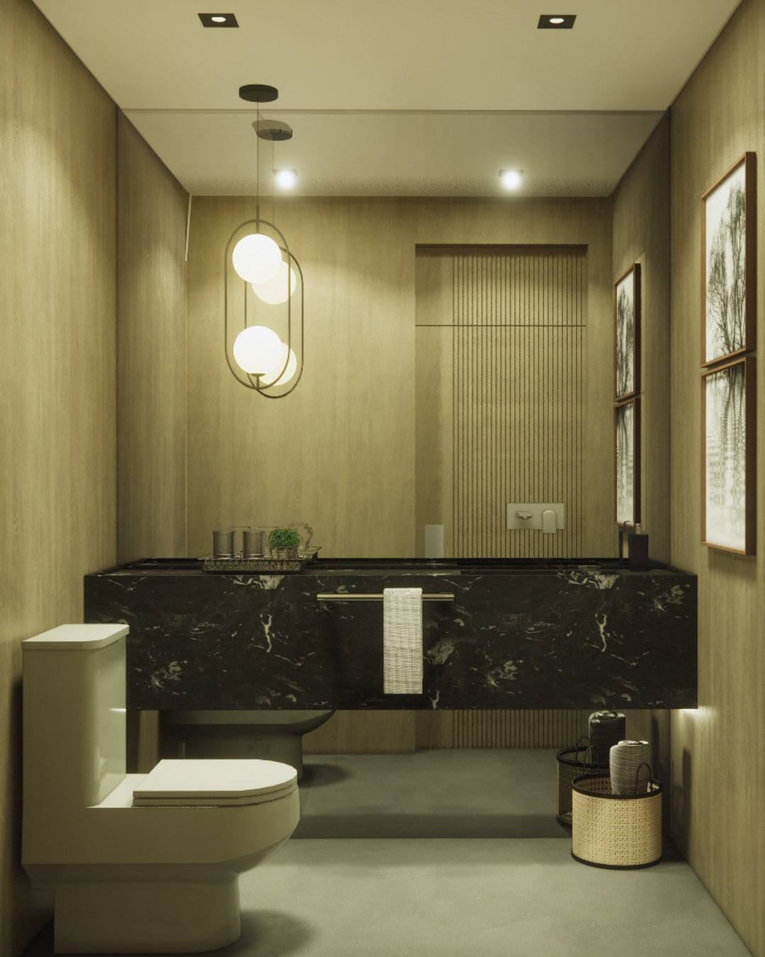 Lavabo com bancada de pedra escura, paredes de madeira e luminária de globos, projeto da CLG Arquitetura.