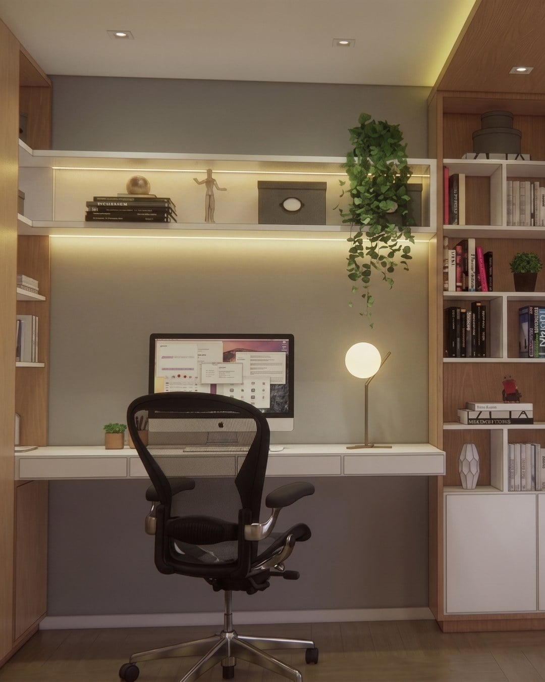 Escritório em casa com bancada, estantes iluminadas e marcenaria de madeira, projeto da CLG Arquitetura.