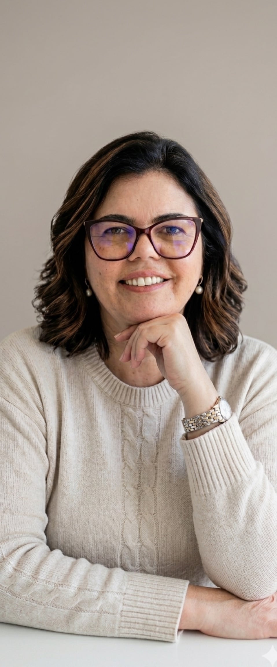 Cláudia Goulart, arquiteta e gestora de tráfego, sorri com a mão no queixo, de camisola bege, num estúdio de luz suave.